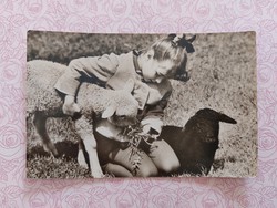 Old Easter postcard 1967 photo postcard with little girl lambs