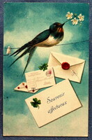 Antik dombornyomott üdvözlő litho képeslap fecske a villanydróton virággal levelek 4levelű lóhere