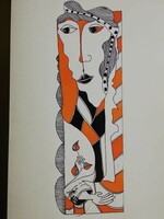 Original Saxon Károly István abstract ink drawing black white orange color graphics