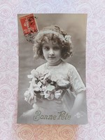 Old postcard photo postcard little girl flowers