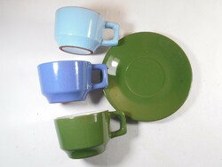 Retro régi színes mázas festett kerámia kávés teás készlet- 3 db csésze 1 kistányér