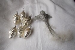 Glass, silver cone Christmas ornament, Christmas tree decoration with clip bird, pine decoration 7pcs