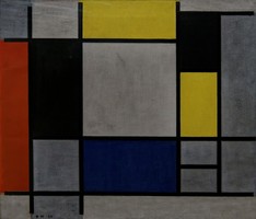 Mondrian - Kék, sárga, szürke, piros kompozíció - vakrámás vászon reprint