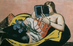 Beckmann - reclining woman with book and irises - canvas reprint