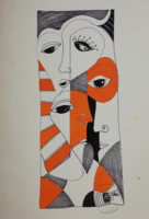 Original Karoly István Szász Abstract Ink Drawing, Black and White with Orange, Graphic Art