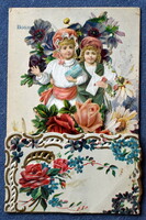 Antique embossed New Year's opening 3d postcard lace card children rose flowers