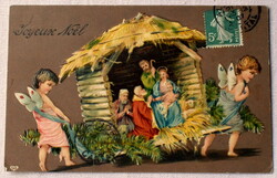 Antik dombornyomott Karácsonyi üdvözlő litho képeslap angyalkák Betlehemet szállítanak