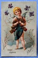 Antik dombornyomott  litho képeslap angyalka arany szívekkel  ibolya