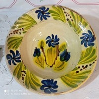 Sárga kék mintás népi fali tányér tál