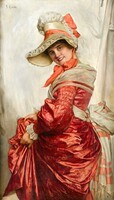 Giovanni Costa - Lány piros ruhában - vászon reprint