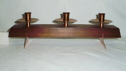 Vintage candle holder with three candles - metal, wood