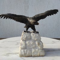 Beautiful antique turull, eagle sculpture on bronze, carved stone pedestal! It is of a military nature