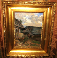 Wonderful large-scale original Pallya Carolus /1875-1948/ painting: houses with wooden shingles