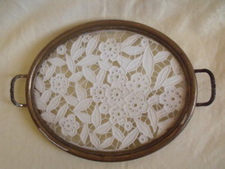 Antique glass-lined wooden tray with madeira embroidery