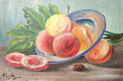 Barackok - Olga jelzéssel, olajfestmény (33x22 cm) gyümölcsös csendélet