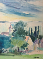 Balaton beach street view with church tower - tihany? Marked watercolor