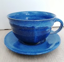 Large (5 dl) blue glazed ceramic mug with saucer