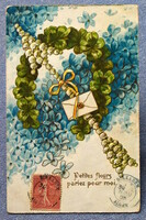 Antik dombornyomott üdvözlő litho képeslap 4levelű lóhere patkó gyöngyvirág nyíl nefelejcs