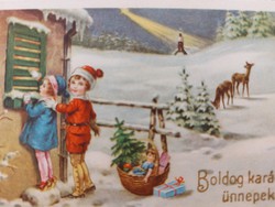 Old mini Christmas postcard 1941 greeting card with kids deer toys