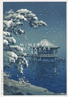 Régi japán fametszet tél tájkép hóesés havas fenyő pagoda tópart stég Kitűnő minőségű reprint nyomat