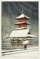 Régi japán fametszet - havas téli utca pagoda ernyős alak hóesés 1929 Kitűnő minőségű reprint nyomat