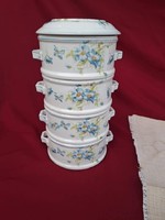 Gyönyörű 4 részes +tetős kék virágos  porcelán ételhordó komatál komaszilke porcelán Gyűjtői