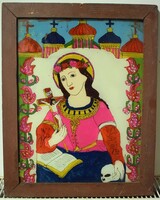 Antique painted Transylvanian glass picture icon 35.5 x 44.5 cm Hungarian ethnography