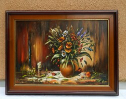 Maksai János - Virágcsokor gyertyával , olaj csendélet festmény