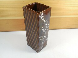 Old retro brown glazed ceramic vase Szentkúti souvenir approx. 1992 years