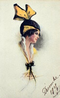 Art deco művész grafikus képeslap  kalapos hölgy portréja