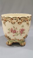 Zsolnay floral hand-painted porcelain large bowl with baroque legs