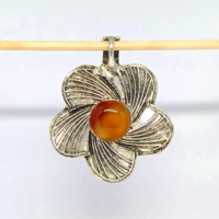 Carved Tibetan silver flower pendant with carnelian stone n74713