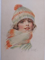 Old postcard art drawing postcard young lady