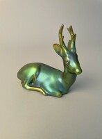 Zsolnay porcelain eosine figure, reclining deer