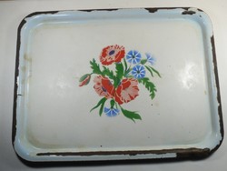 Antique enameled fire enamel metal tray with flower pattern approx. From the early 1900s