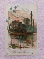 Régi képeslap 1899 levelezőlap naplemente templom tó hattyú nefelejcs