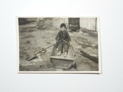 Old photo photograph - little boy child playing yard turtle broom rowing boat