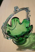 Green blown glass in beautiful basket, flowerpot, flowerpot