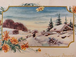 Old New Year's card 1949 postcard snowy landscape flowers