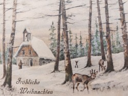 Old postcard postcard with snowy forest deer