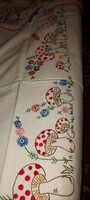 Old hand-embroidered tablecloth napkin set, fun mushroom/elf pattern 5 pieces
