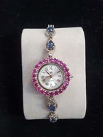 Year-end sale! Silver women's jewelry watch with tourmaline and sapphire gems!