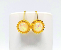 Crown style filled gold (gf) white synthetic fire opal earrings