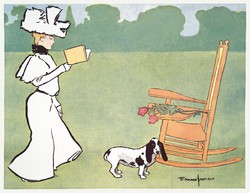Edward Penfield - Kertben olvasó nő kutyával  - reprint