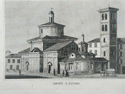 Milano st.Satiro church. Original woodcut ca. 1843