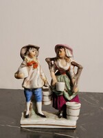 Pair of antique porcelain figurines, 8.5 cm male and female figurines with a pair of milk jugs and buckets