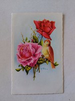 Régi virágos képeslap levelezőlap rózsa kismadár