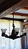 6-arm old, brass chandelier with flawless Secessionist glass shades