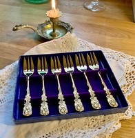 6 vintage golden rose-tipped dessert forks in a box
