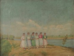 Nyilasy Sándornak tulajdonítva(1873-1934): Sétáló lányok a Tiszaparton. Olajfestmény.